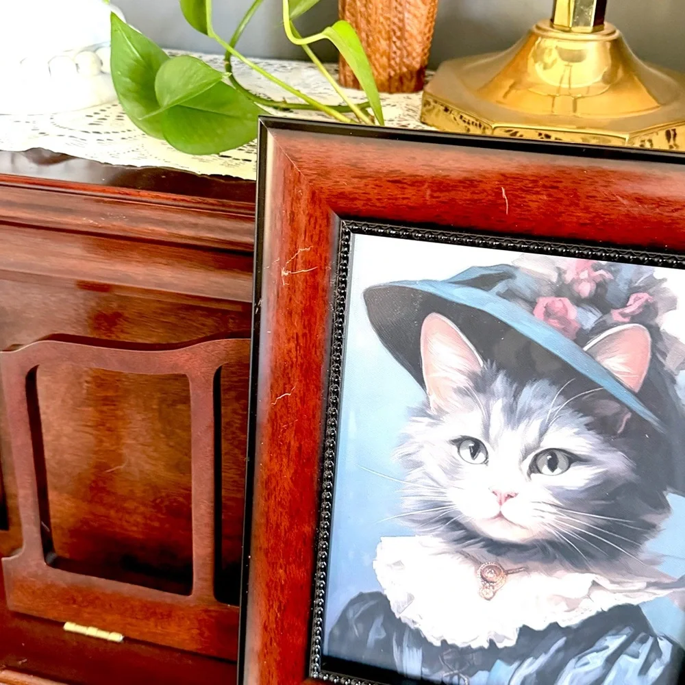 Victorian Feline Majesty Cat Vintage Style Floral Hat Canvas Art Print Framed